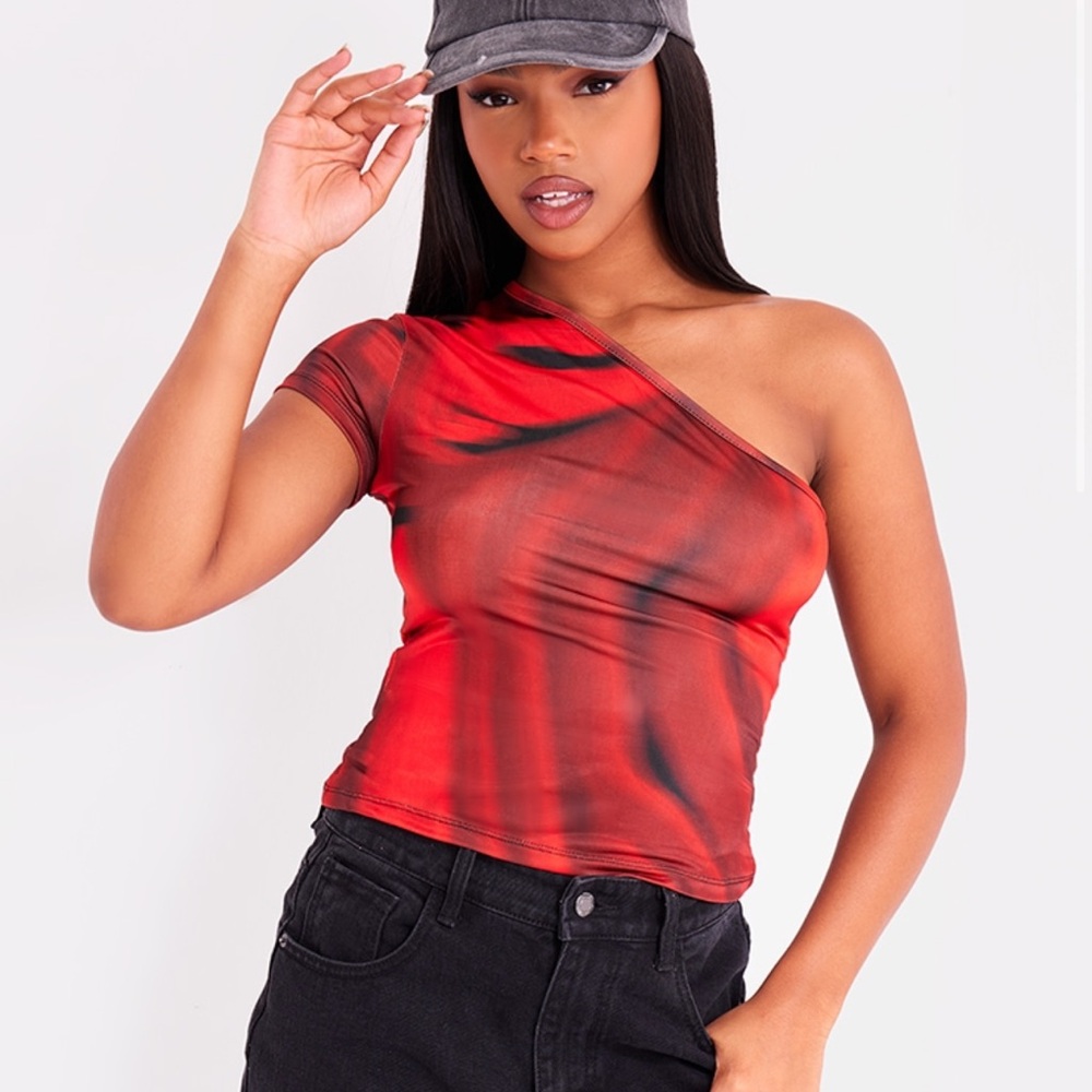 One-Shoulder Red Tie-Dye Top